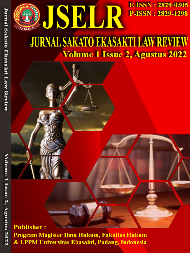 					View Vol. 1 No. 2 (2022): Jurnal Sakato Ekasakti Law Review (Agustus 2022)
				